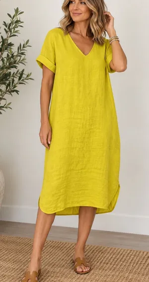 Francesca Bettini Italy 100% Linen Yellow Lagenlook Midi Dress S thumbnail 1
