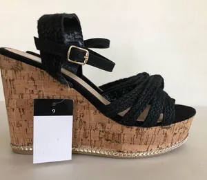 Time And Tru Womens Cork Wedge Platform Black Sandals Size 7 Gold Cork Trim New thumbnail 5