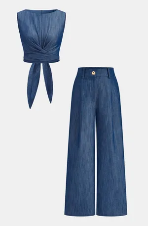 Commense Cross-Tie Crop Top & Wide-Leg Pants Set – Size Small (US 4) NWT thumbnail 1