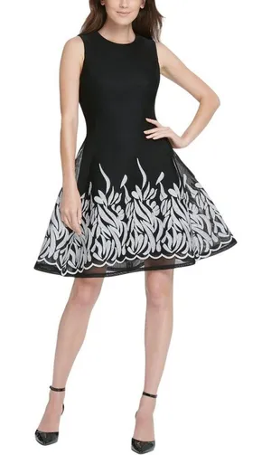 NWT DKNY Embroidered Mesh Sleeveless Fit Flare A-line Dress Black / Ivory 2 thumbnail 1