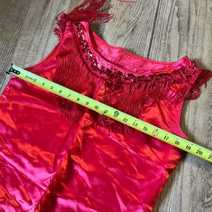 Encore Roots Red Satin Fringe Sequin Flapper Dress Vintage Made in USA Womens M thumbnail 3