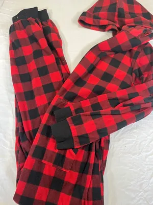Adult Pajamas One Piece Jumpsuit Red Black Flannel XL Hooded EUC thumbnail 1