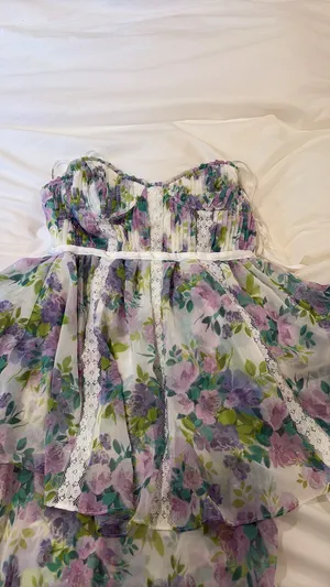 Floral Tie-Shoulder Sundress in Pastel Lavender & Green thumbnail 4