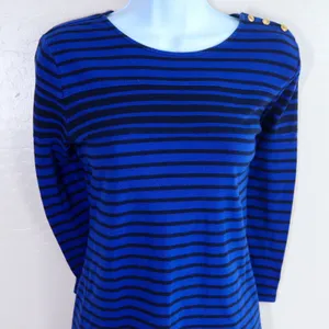 Lauren Ralph Lauren Blue Black Stripe Boat Neck 3/4 Sleeve Shirt‎ Top Womens L thumbnail 1