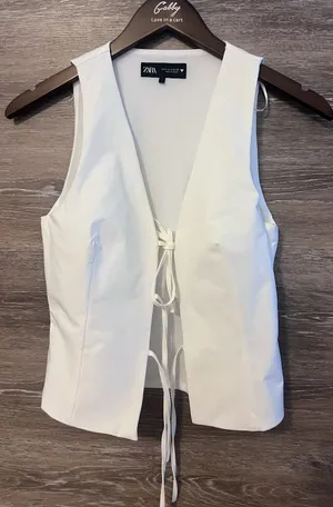 ZARA White Open Front Tie Vest Size Small Fitter Modern thumbnail 1