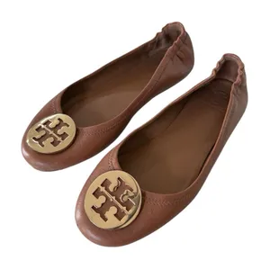 Tory Burch Brown Leather Minnie Travel Ballet Flats with Gold Logo thumbnail 1