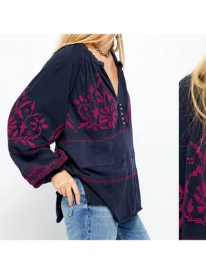 Free People Persuasion Embroidered Boho Chic 100% Cotton Floral Blouse -medium thumbnail 3