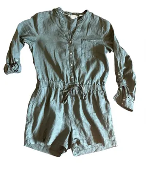 Cynthia Rowley 100% Linen Utility Romper Minimalist‎ Lagenlook Army Green Sz M thumbnail 1