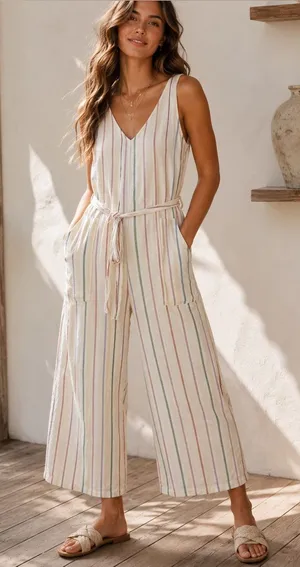 American Eagle Women’s Sz M Striped Cotton Linen Wide Leg Jumpsuit Boho Coastal thumbnail 1