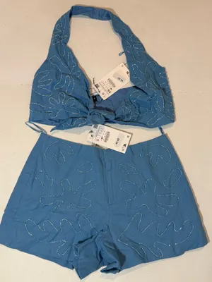 Zara Blue Embroidered Halter Crop Top & Shorts Set thumbnail 1