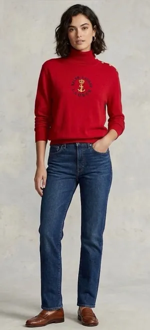 Lauren Ralph Lauren red nautical crest mock neck sweater gold button detail XL. thumbnail 1