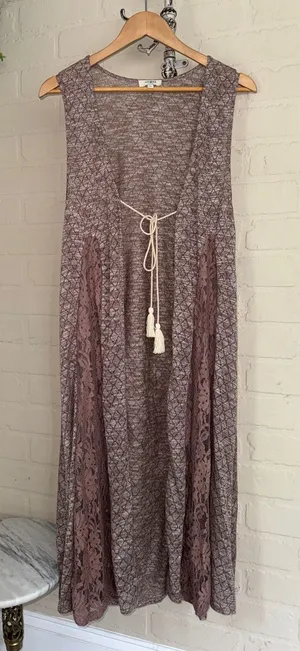 Umgee long vest Sleeveless Lace Panel in Mauve brown medium thumbnail 1