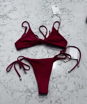 NWT Quince Cherry Red Knot Tie Bikini Top & Adjustable Side Tie Bottom Set Small thumbnail 1