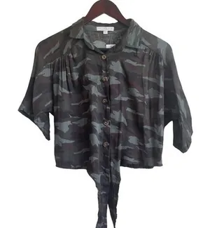 American Eagle Womens Camo Cropped Tie‎ Front Shirt S Green Brown Y2K Streetwear thumbnail 1