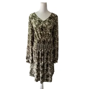 Noir Khaki Green Floral V-Neck Smocked Drop Waist Long Sleeve Knee Length Dress thumbnail 2