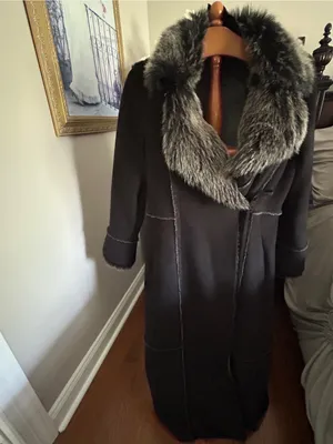 Vintage Platinum utex Black Faux-Fur Trim Long Trench Warm Coat Sz L thumbnail 4