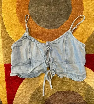 Aerie NWOT Woven Lace Up Crop Top Chambray Blue Cutout Spaghetti Strap Medium thumbnail 1