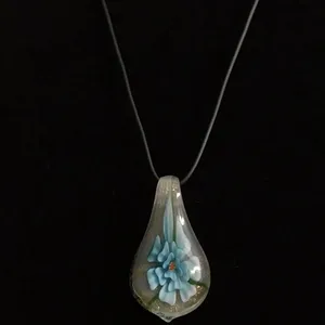 Opaque Gold& Blue Flower Glass Pendant Rubber Cord Necklace With Extend New thumbnail 4