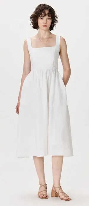 Quince European Linen Fit And Flare Midi Dress Women Small White Square Neck thumbnail 1