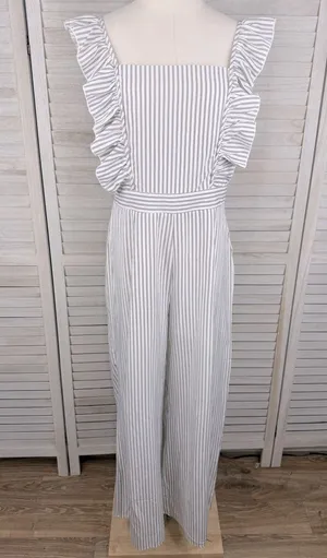 ALLIE ROSE Striped Sleeveless Ruffle Jumpsuit White/Black-Large thumbnail 1