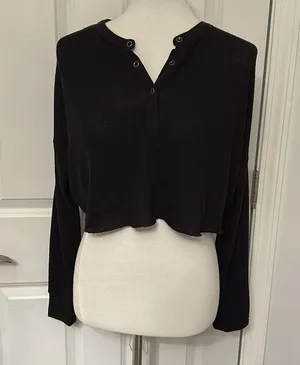 Cute Black Urban Outfitters Long Sleeve Henley Crop Top thumbnail 3