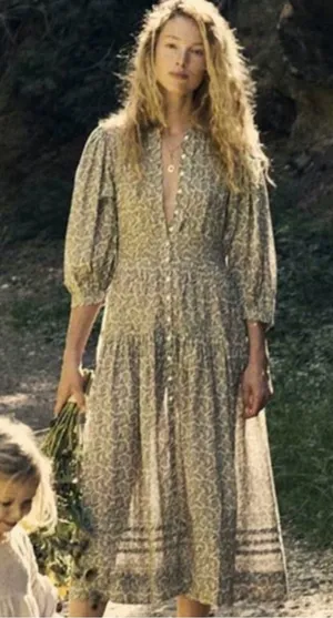 ✨like new✨ Dôen Rosamund Dress in Cream Tilbury Paisley Size XS Puff Sleeve thumbnail 1