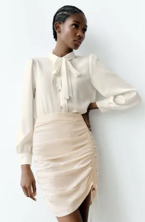 ZARA blouse shirt top satin effect jewel button neck bow thumbnail 2