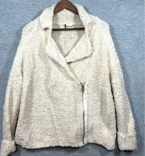Free People Womens S Sweater Wool Blend Cream Fuzzy Jacket Asymmetrical Zip‎ thumbnail 1