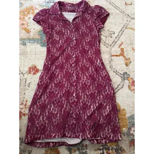 Ave Maria Magenta Floral Lace Button Down Dress Short Sleeve Polka Dot Lining S thumbnail 2