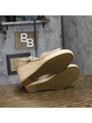 NWT Style & Co. Seleene Faux Leather Open Toe Wedge Sandals Beige Brown 9M thumbnail 6
