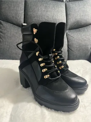 Black Heeled Lace-Up Ankle Boots with Gold Hardware thumbnail 3