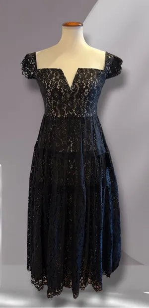 Lulus Black Lace Tiered Maxi Dress NWT XS Off-The-Shoulder V-Neck thumbnail 1
