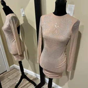 Rhinestone Open Back Mini Dress Slim Fit Mock Neck Backless Long Sleeve Tan Dress Party Dress Prom Wedding thumbnail 3