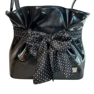 Beijo Black Vegan Patent Leather Paper Bag Handbag Polka Dot Scarf Twee Preppy thumbnail 2