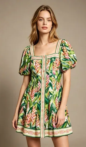 NWOT FARM Rio Square Neck Puff Sleeve Floral Tropical Print Mini Dress Size S thumbnail 1