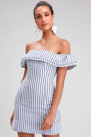New Lulus Seaside Skipper Blue Striped Off-the-Shoulder Mini Dress thumbnail 2