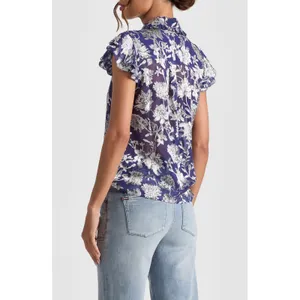 Alice + Olivia Layered Ruffle Sleeve Shirt Blouse Navy Blue Floral Silk Small thumbnail 4