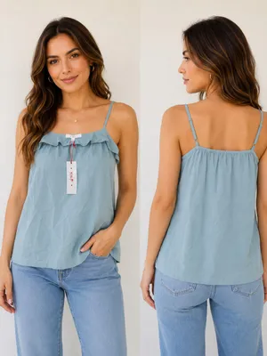Women's Dusty Blue Ruffle-Trim Camisole - Spaghetti Strap Tank thumbnail 2
