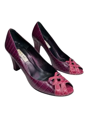 Vintage: Isaac ❉ Embossed Cut Out Peep Toe Pump Heels ❉ 2 Tone Pink Leather ❉ 8M thumbnail 10