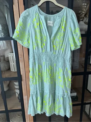 Anthropologie The Somerset Mini Dress Embroidered Linen short sleeve splice mint thumbnail 1