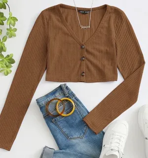 SheIn Button Front Rib-knit Crop Tee thumbnail 1