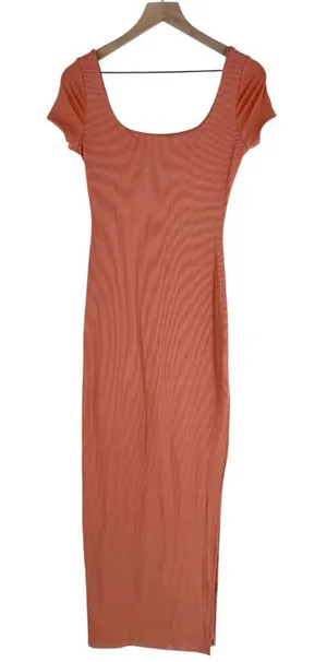 Haute Monde‎ Blush Pink Stretch Ribbed Jersey Knit Side Slit Bodycon Maxi Dress thumbnail 1