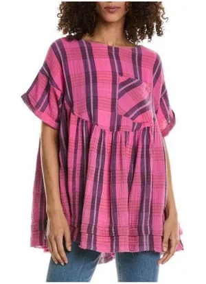 Free People We the free Women's Pink Moon City Plaid Top medium nwt‎ thumbnail 1