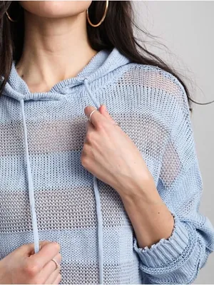 BKE Ribbed Open Weave Hooded Cropped Knit Sweater Kentucky Blue Size Large thumbnail 3
