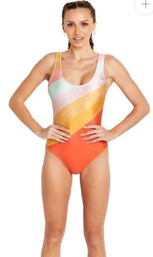 Gold Sheep Pastel Retro Sport Slim Fit One-Piece Swimsuit $80 NWOT L thumbnail 1
