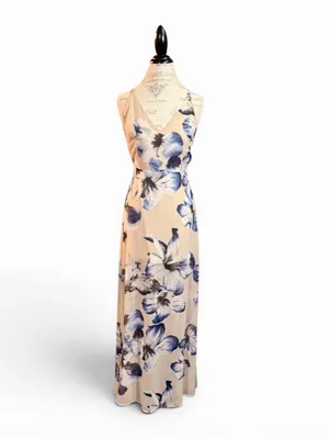 LUSH Long Ivory & Blue Floral Maxi Dress Sz S thumbnail 9