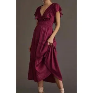 Anthropologie Ruffled Tiered Midi Dress Raspberry Romantic Cottagecore‎ Boho SM thumbnail 3