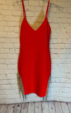 Red Bandage Dress With Rhinestone Fringe thumbnail 2