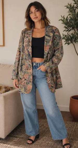 VTG Copy Cats Vintage Brown Tapestry Floral Suede Oversized Blazer Jacket Large thumbnail 1