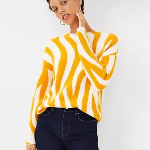 Ann Taylor Womens S Mustard Yellow Cream Zebra Print Fuzzy Crewneck Sweater thumbnail 2